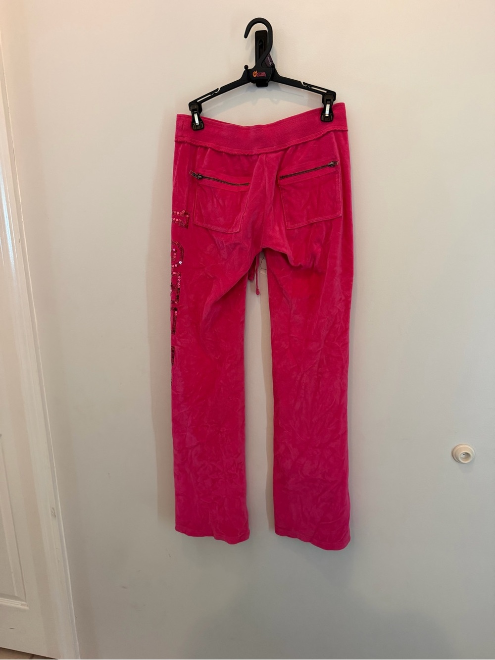 Vintage Hot Pink Velour Lounge Pants with Side Sequin Script - Picture 9 of 9